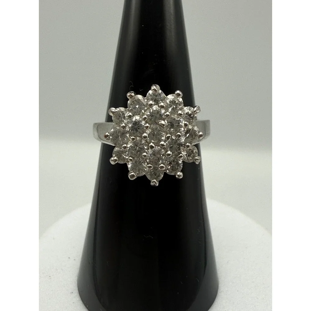Silver Tone Flower Cluster Cubic Zirconia Statement Ring Size 6